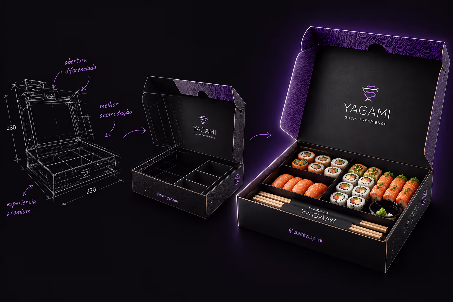 Projeto de embalagem personalizada para sushi desenvolvido pela SellPlus — do rascunho técnico ao produto final